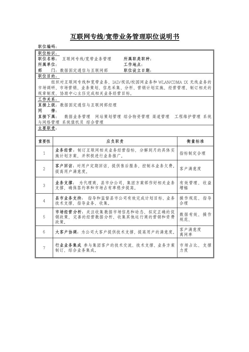 推荐-互联网专线宽带业务管理岗位说明书