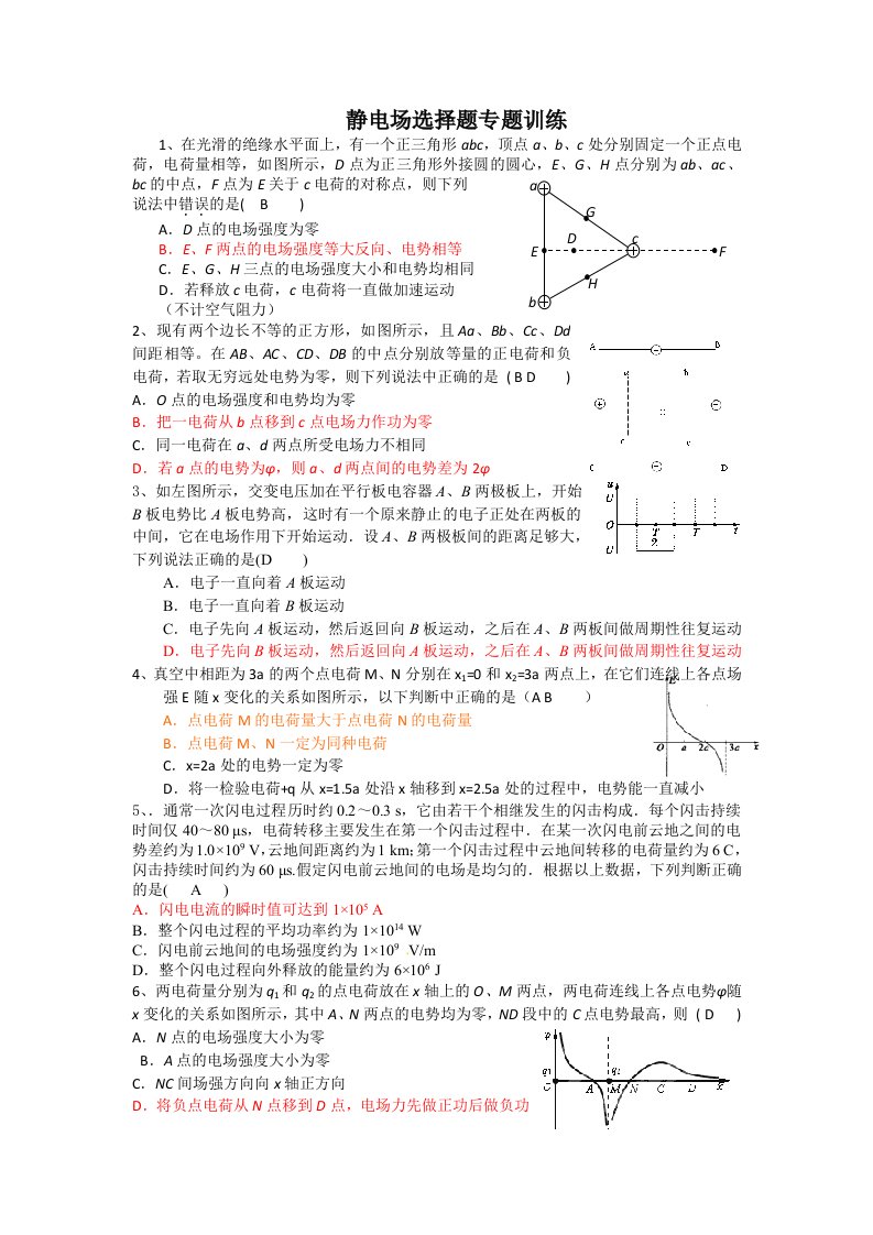 高考静电场选择题专项练习