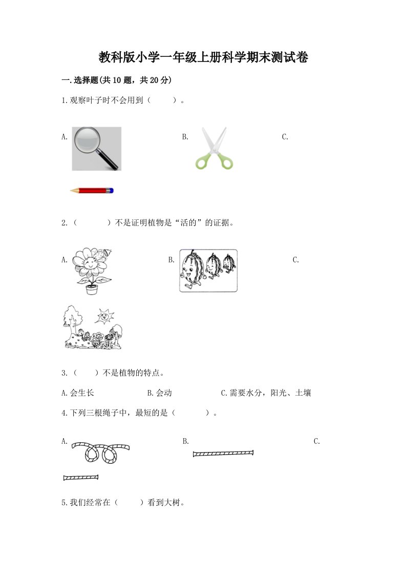 教科版小学一年级上册科学期末测试卷及完整答案【各地真题】