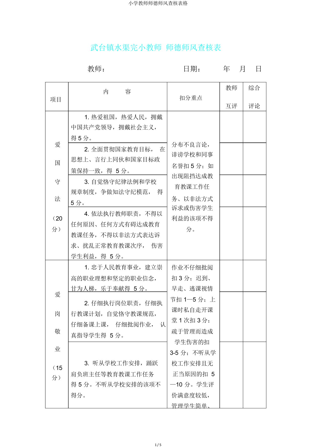 小学教师师德师风考核表格