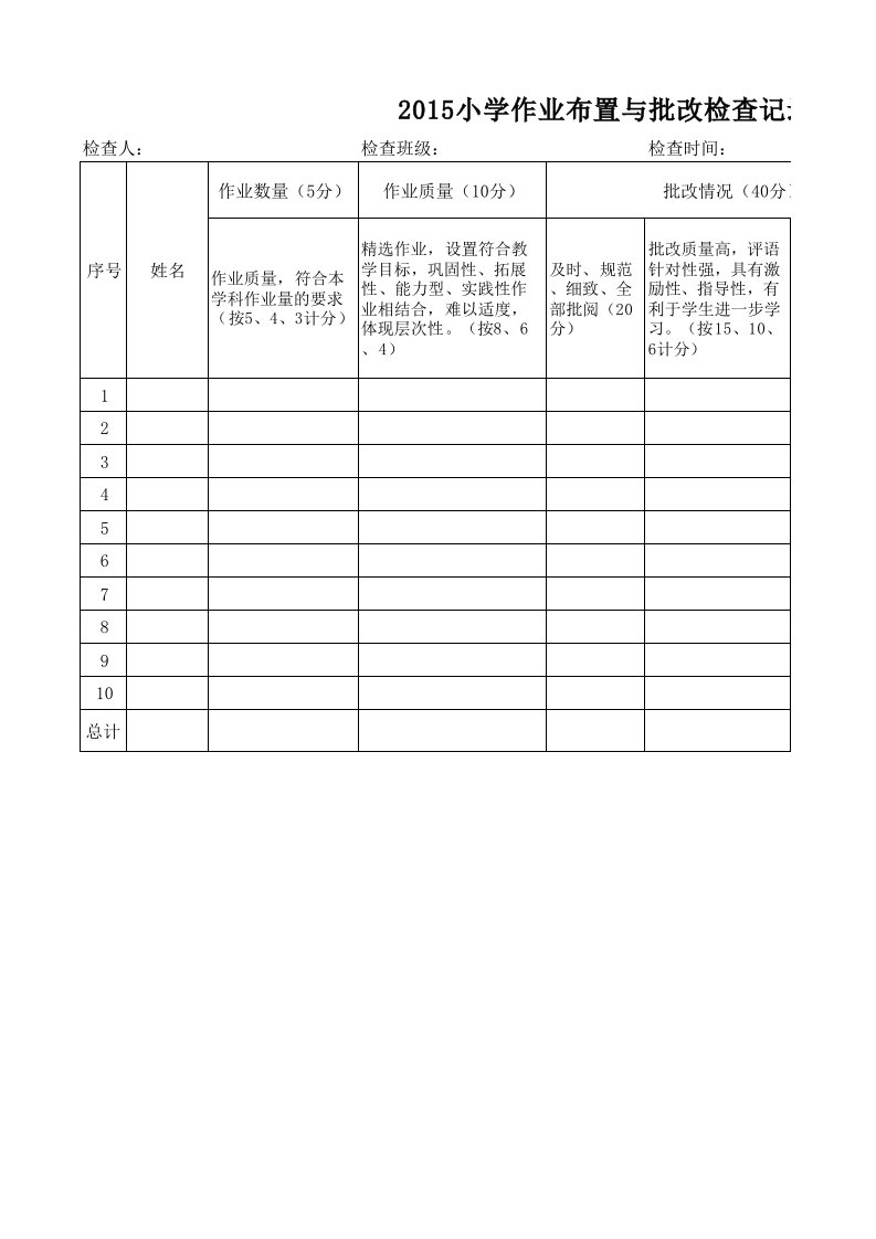 作业布置与批改检查记录表