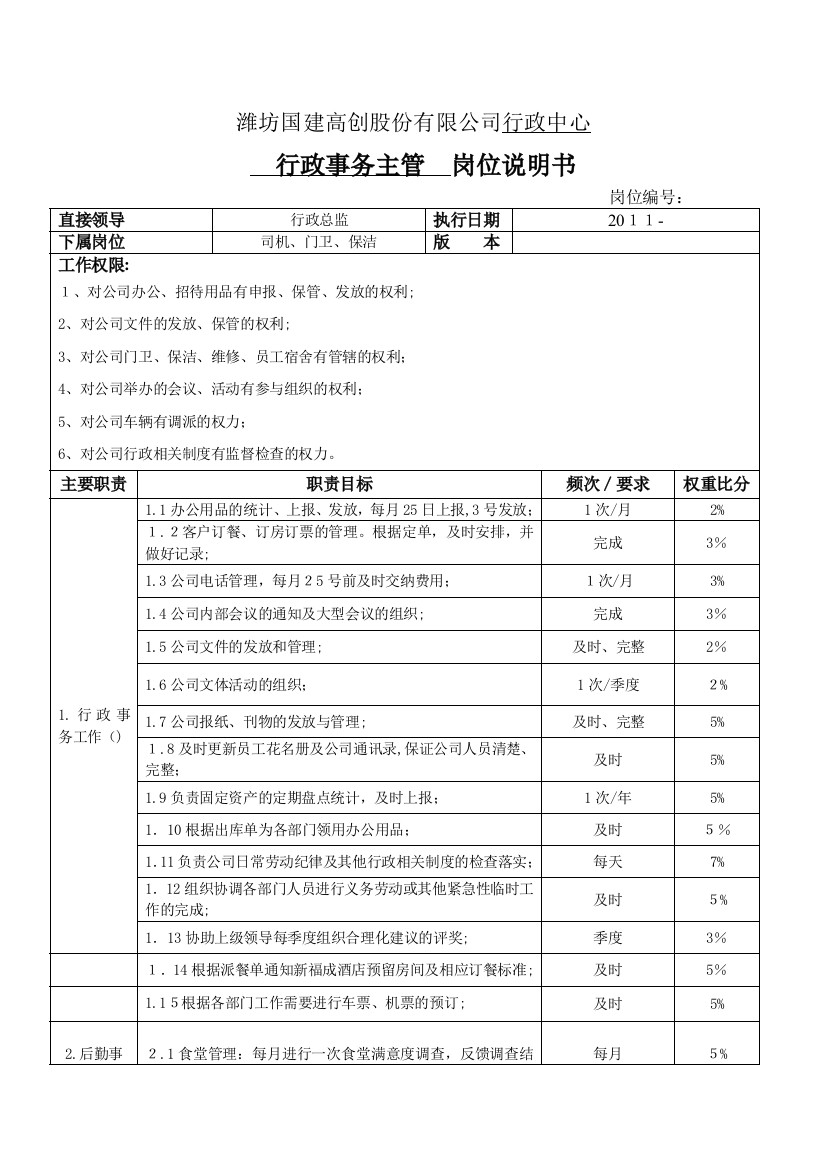 小学六年级行政部门岗位职责