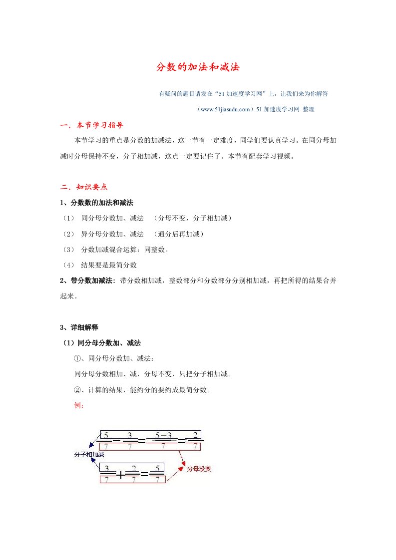 五年级下册数学《分数的加法和减法》知识点整理