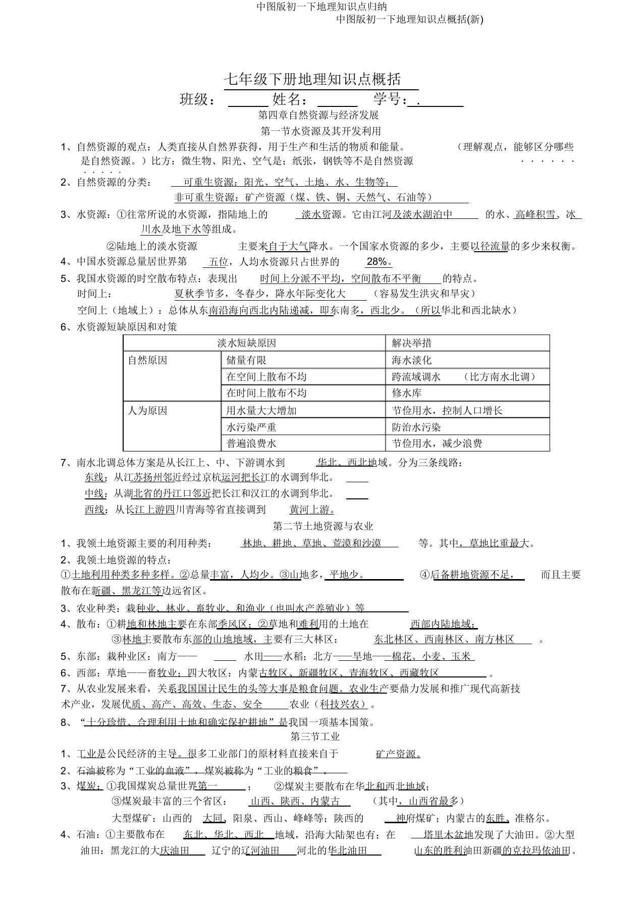 中图版初一下地理知识点归纳