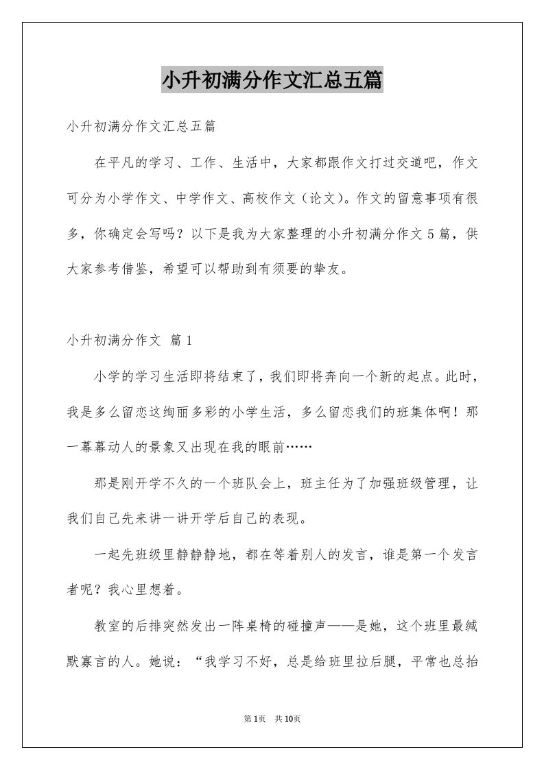 小升初满分作文汇总五篇例文