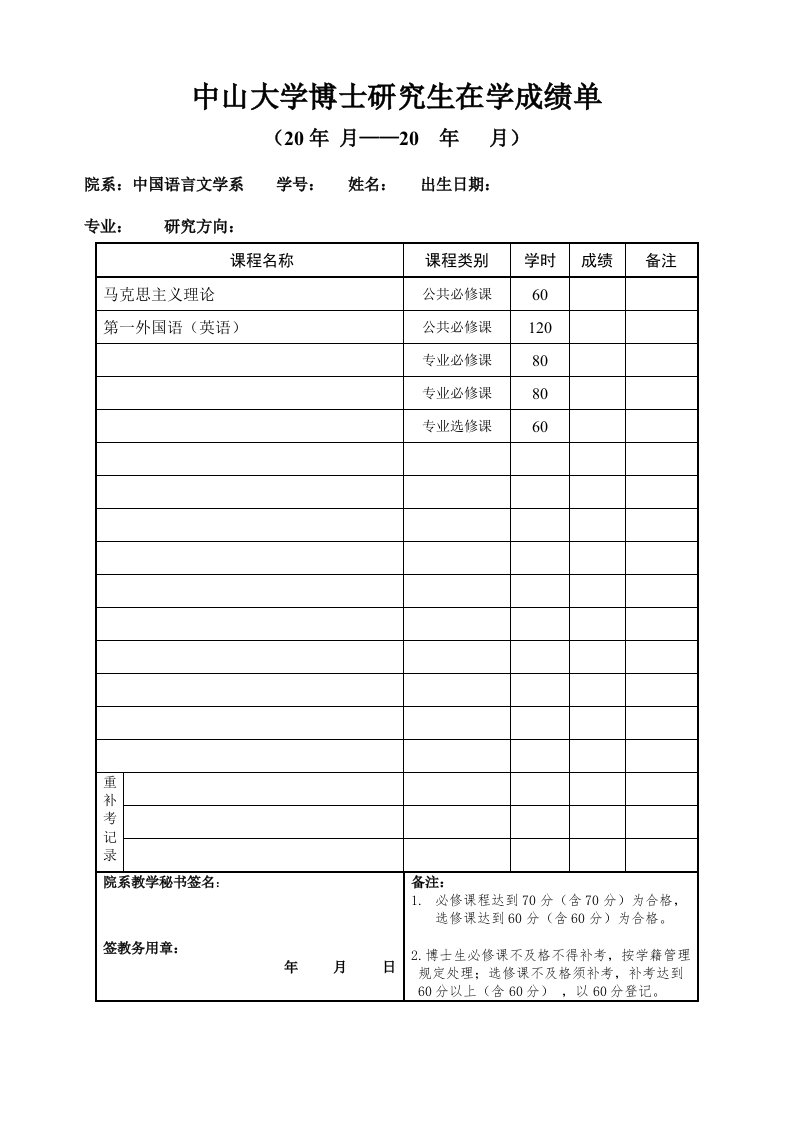 中山大学博士研究生在学成绩单