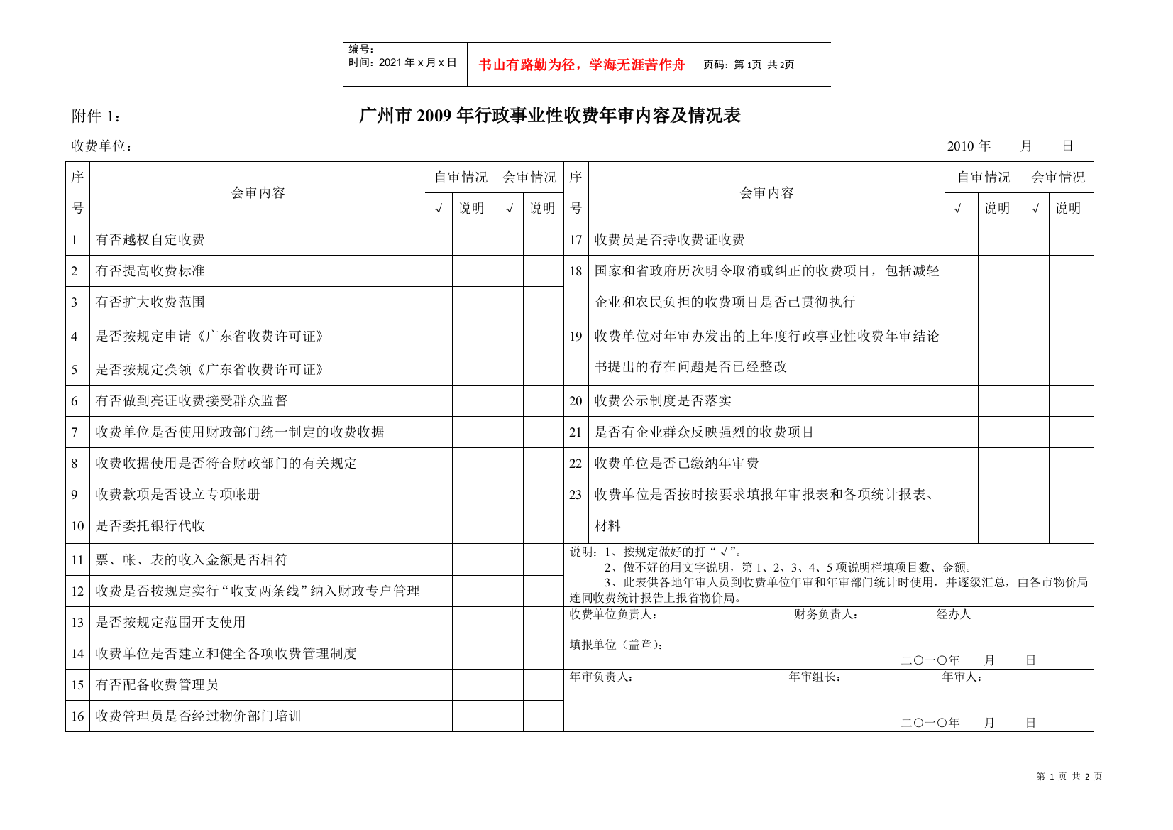 附件1行政事业性收费年审内容及情况表1doc-行政事业性