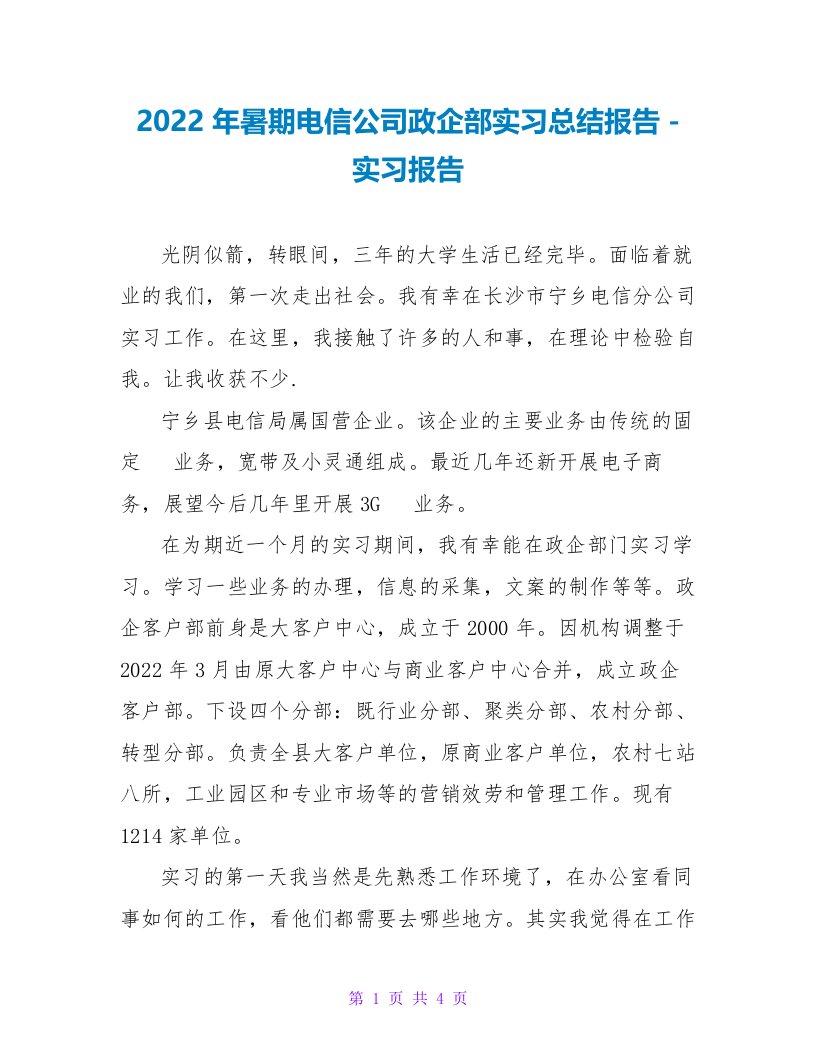 2022年暑期电信公司政企部实习总结报告实习报告