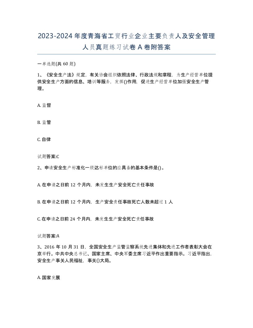 20232024年度青海省工贸行业企业主要负责人及安全管理人员真题练习试卷A卷附答案