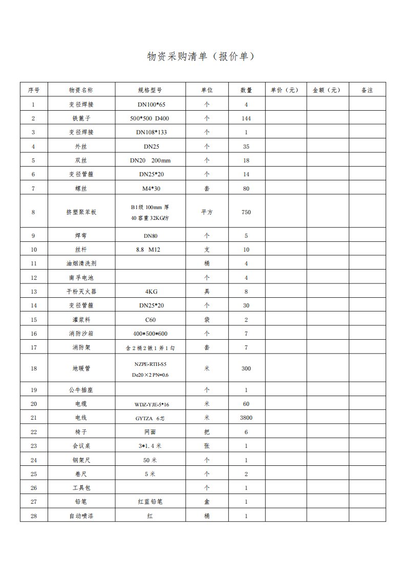 物资采购清单(报价单)