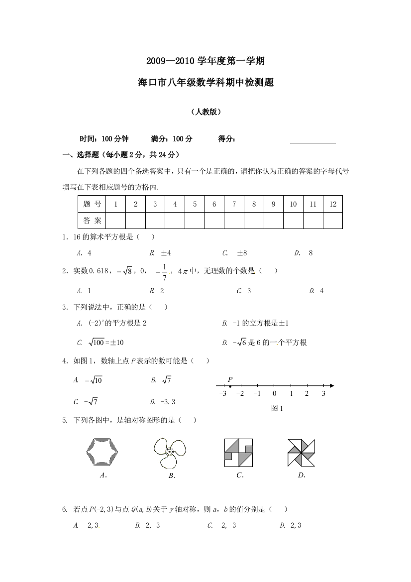 【小学中学教育精选】海南海口教育研究培训院09-10学年八年级上期中检测试卷--数学