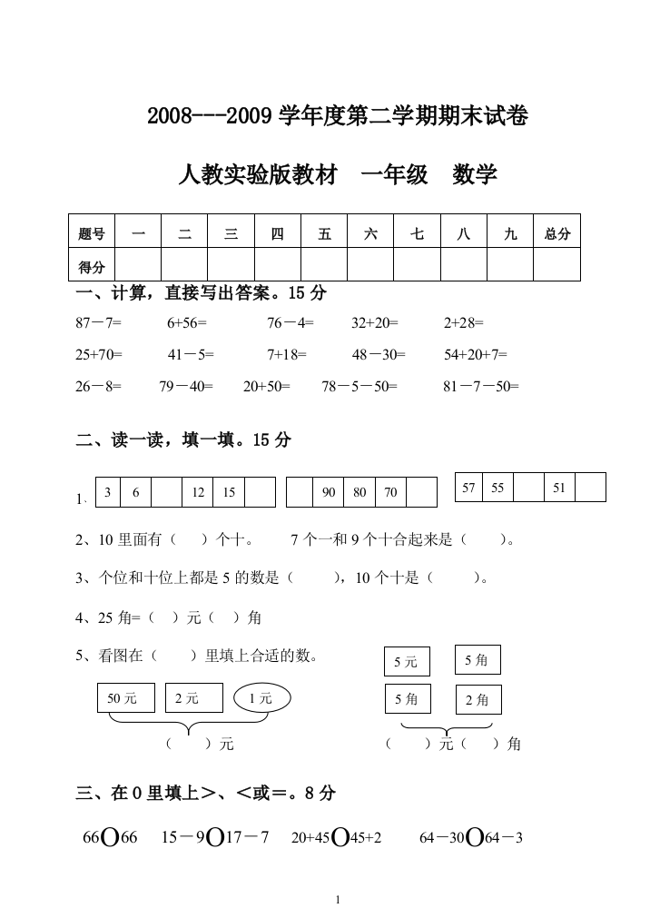 【小学中学教育精选】2008---2009学年度第二学期期末试卷