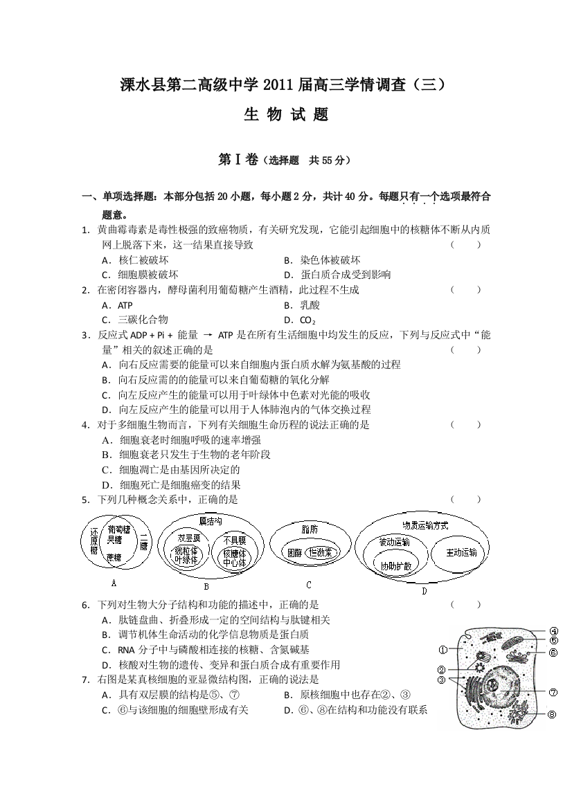 江苏省南京市溧水县第二高级中学2011届高三学情调查考试（生物）