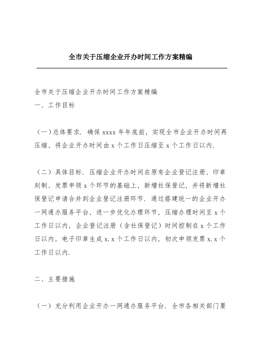 全市关于压缩企业开办时间工作方案精编