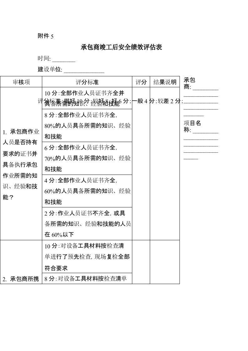 承包商竣工后安全绩效评估表