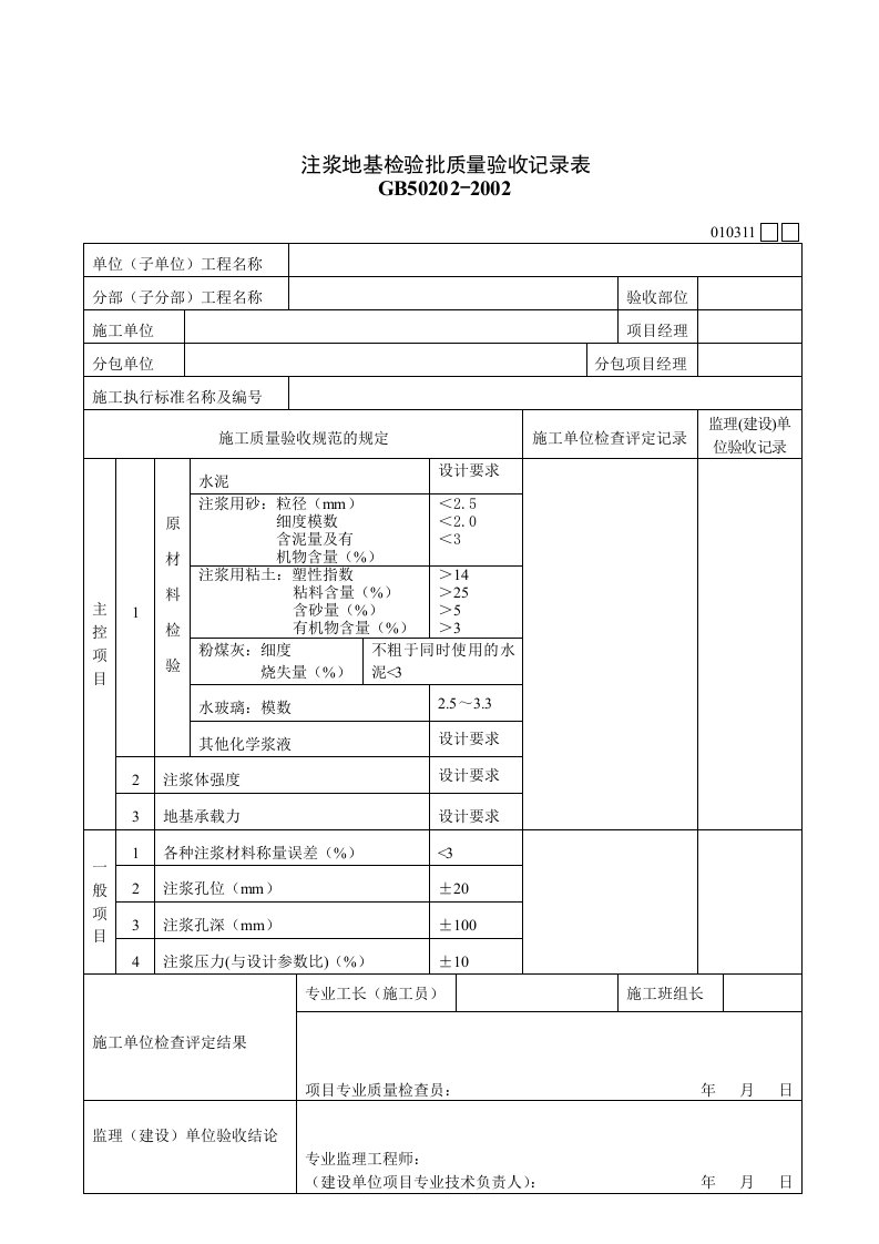 建筑行业注浆地基检验批质量验收记录表