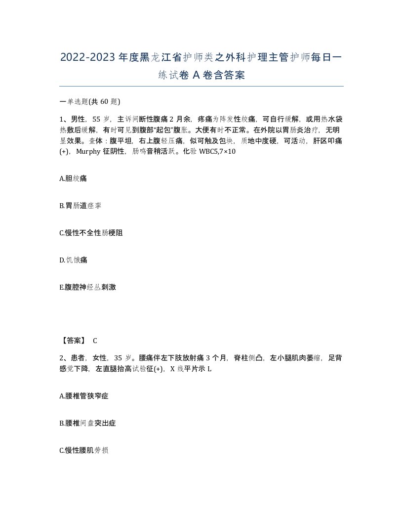 2022-2023年度黑龙江省护师类之外科护理主管护师每日一练试卷A卷含答案