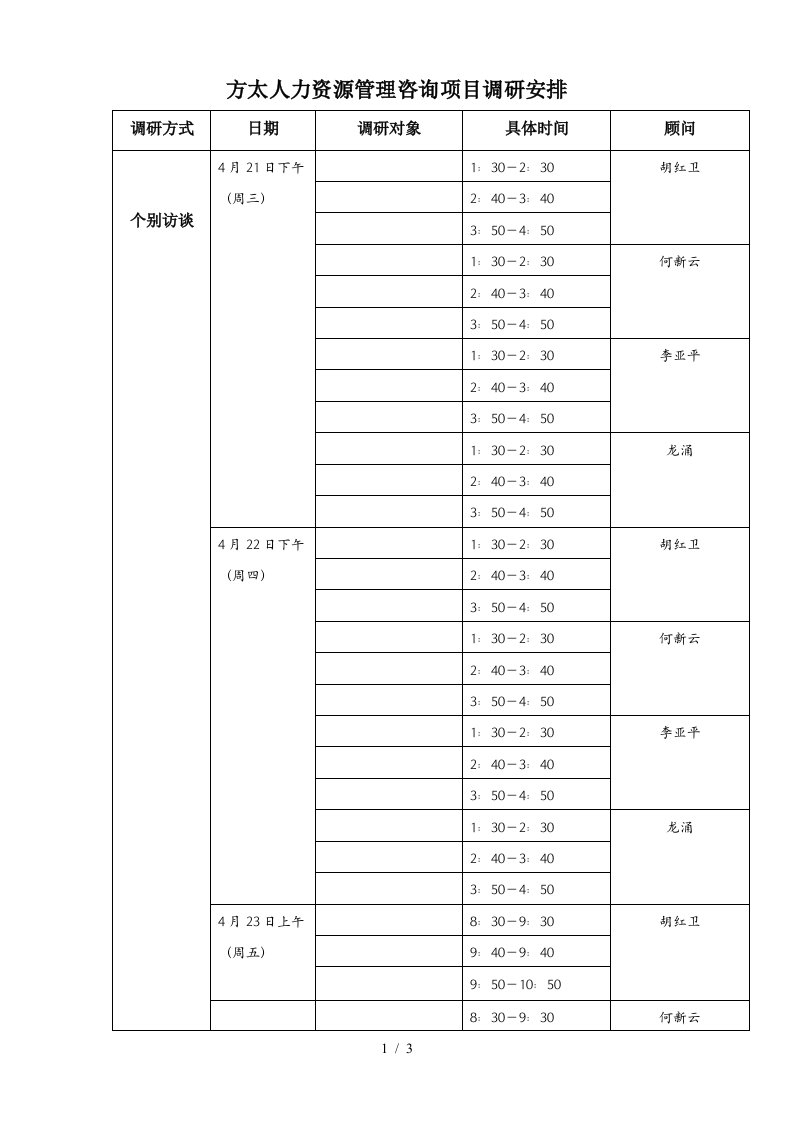 思捷达—方太—方太人力资源项目调研安排