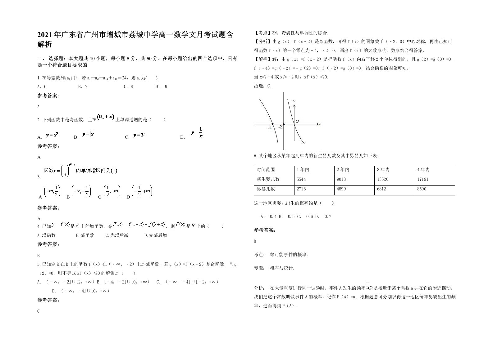 2021年广东省广州市增城市荔城中学高一数学文月考试题含解析