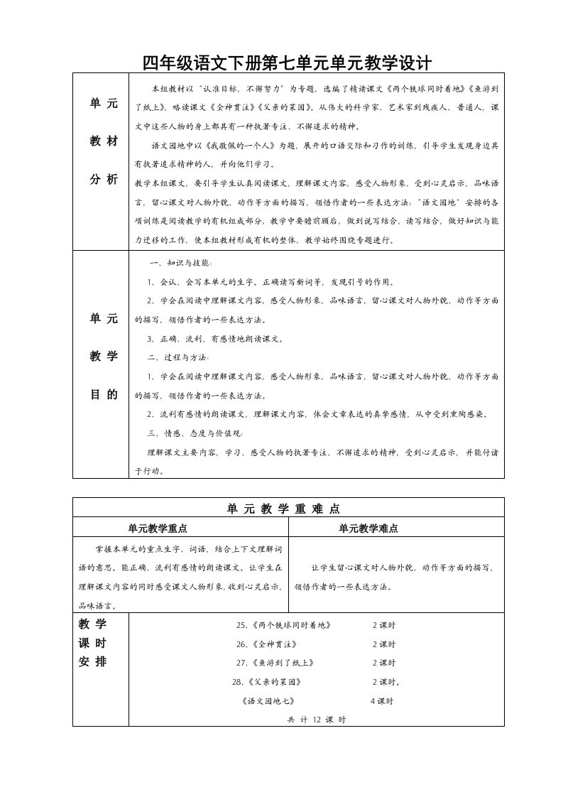 人教版四年级下册语文教学设计表格