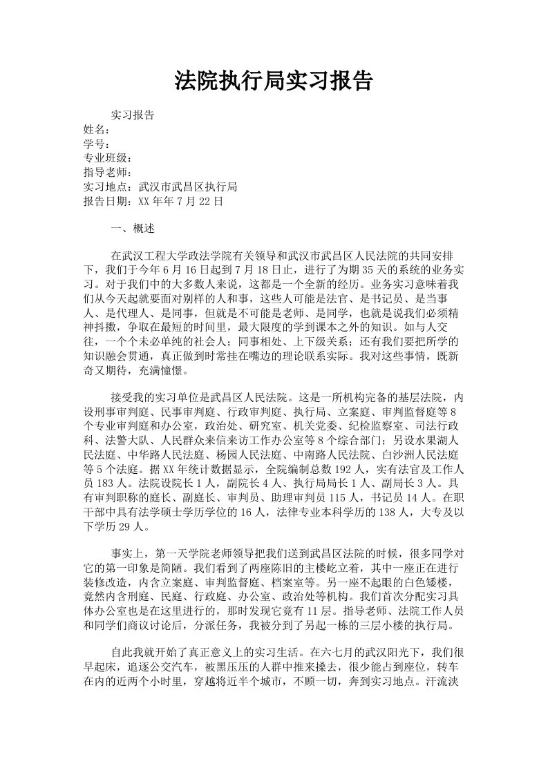 法院执行局实习报告