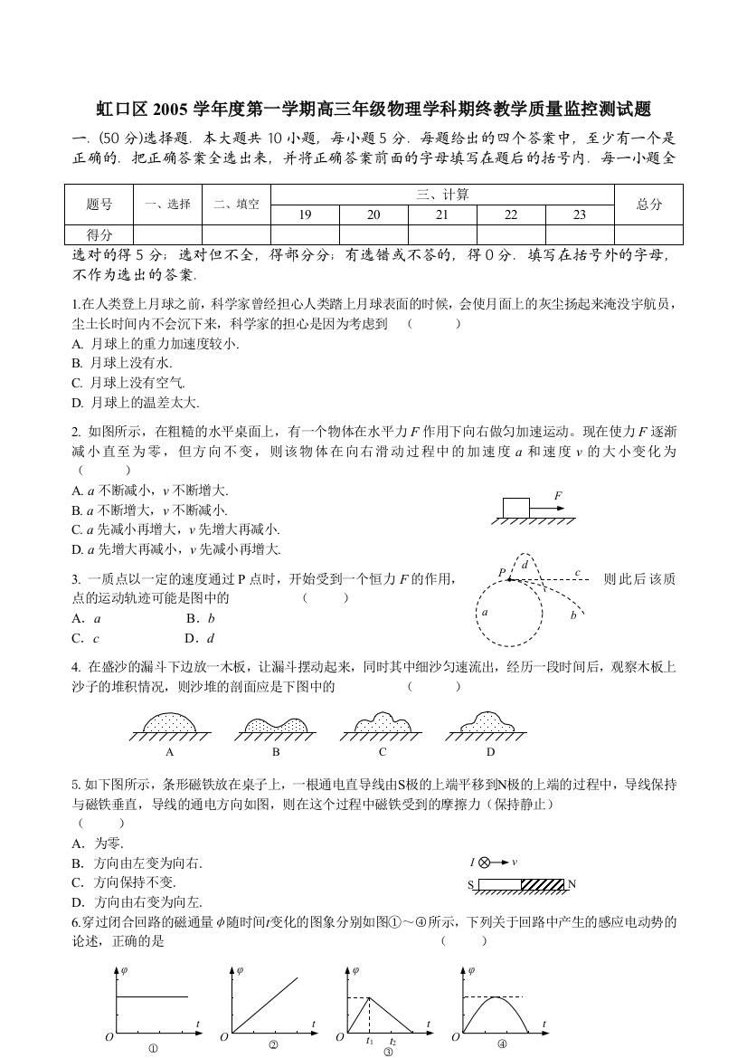 虹口区2005学年度第一学期高三年级物理学科期终教学质量监控测试题