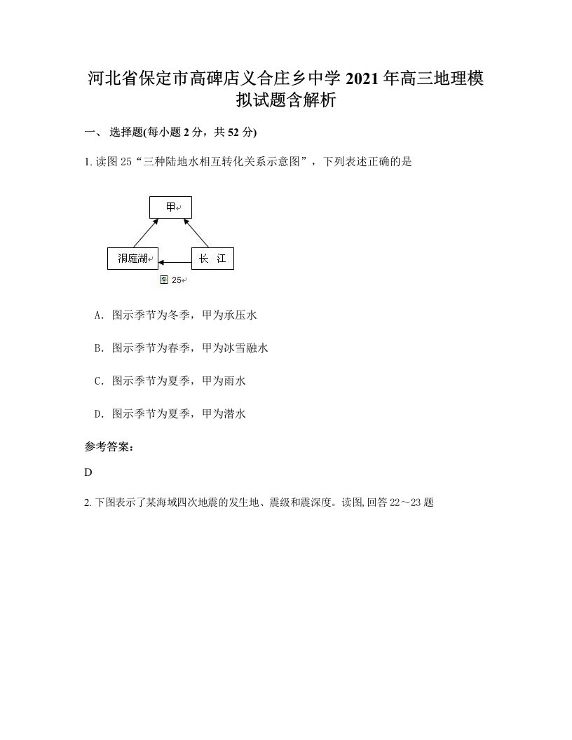 河北省保定市高碑店义合庄乡中学2021年高三地理模拟试题含解析