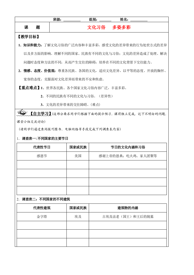 10课第一课时：文化习俗多姿多彩导学案（含经典国培总结资料）