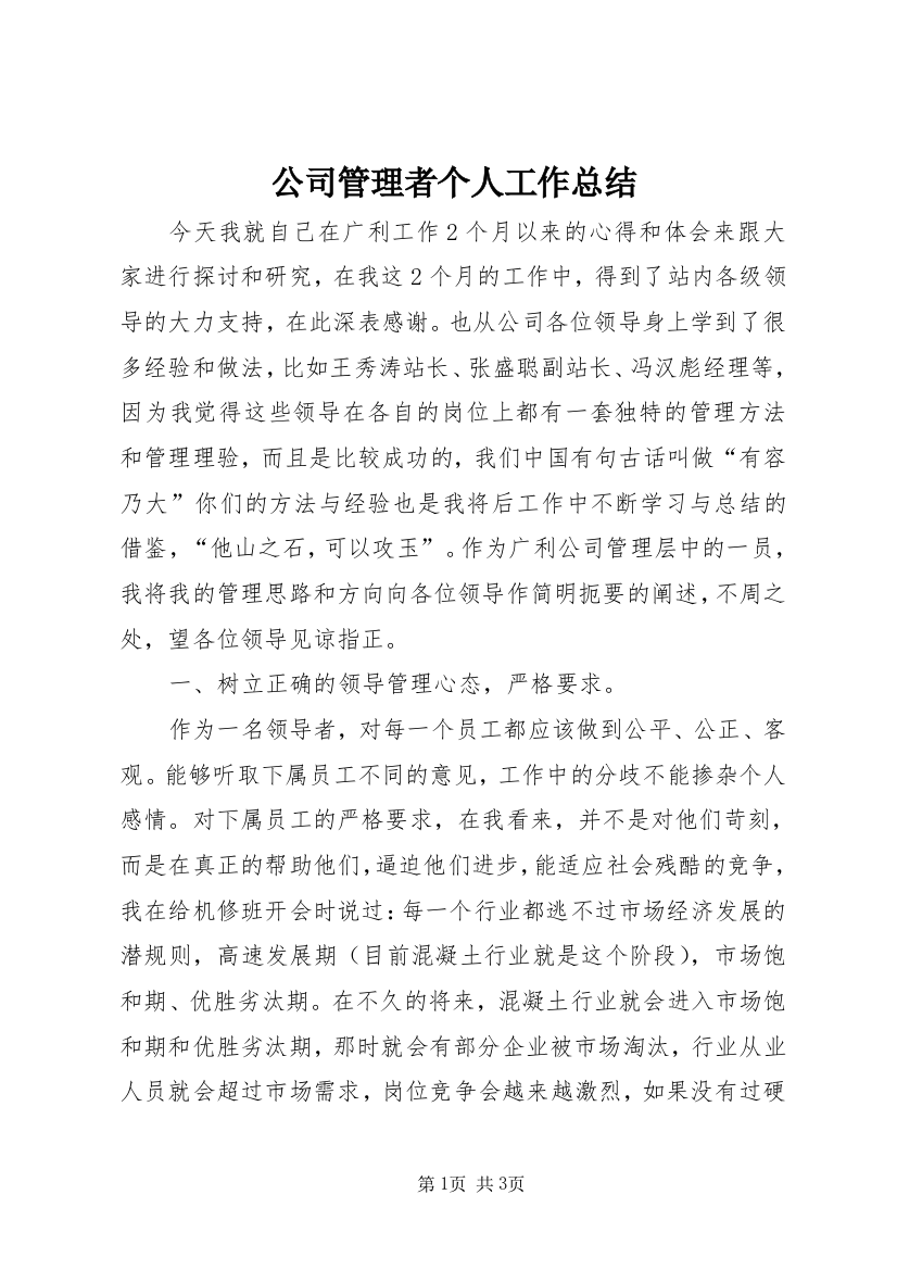 公司管理者个人工作总结