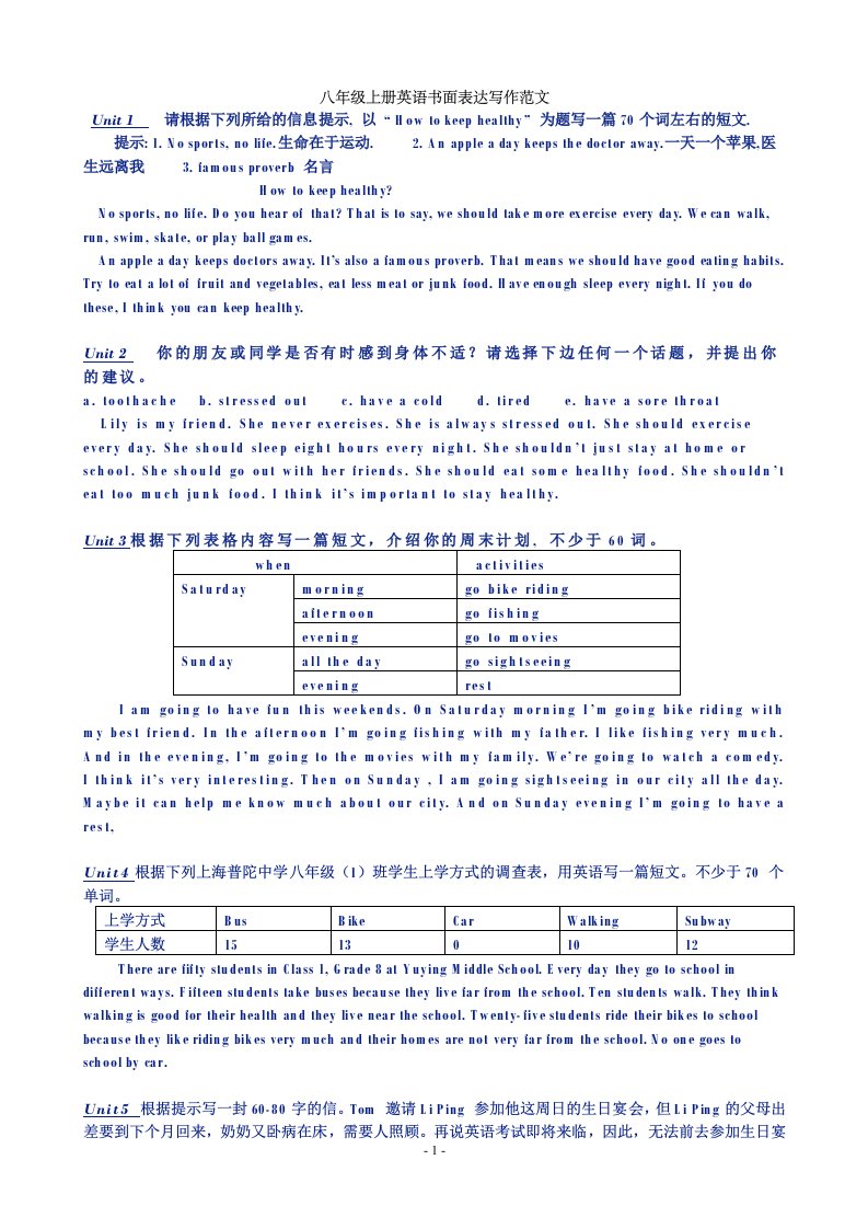 人教版八年级上册英语书面表达写作范文