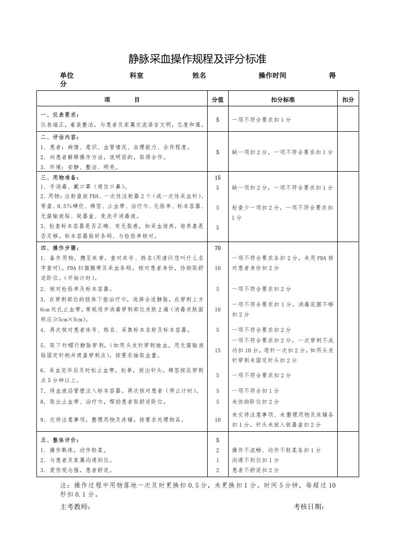 静脉采血操作规程及评分标准