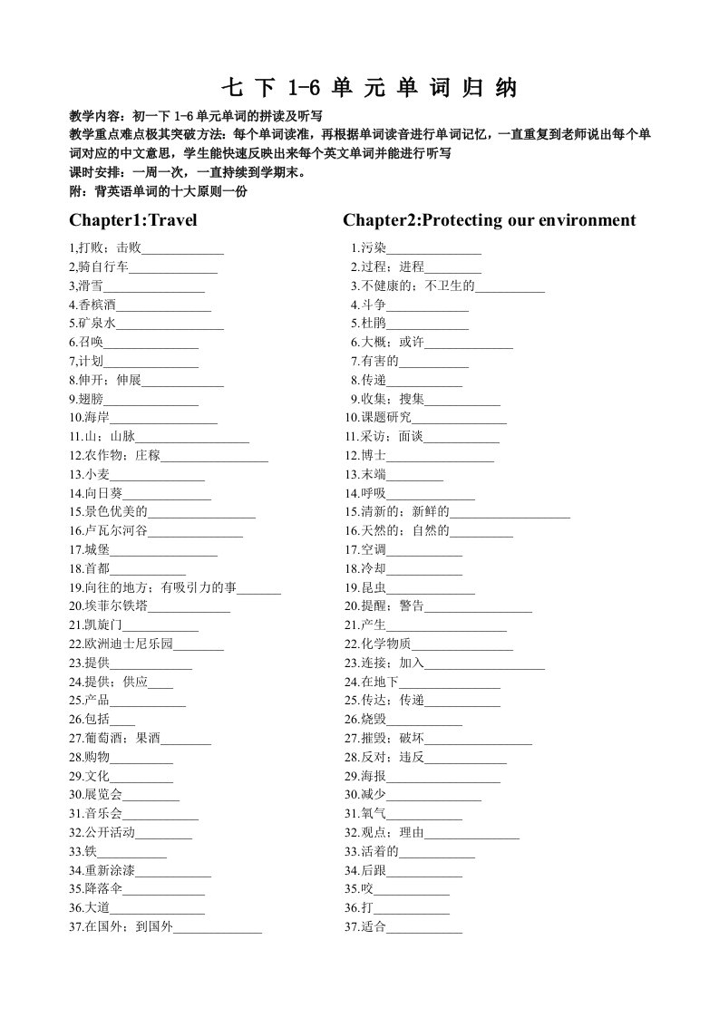 七年级下册英语1-6单元单词归纳