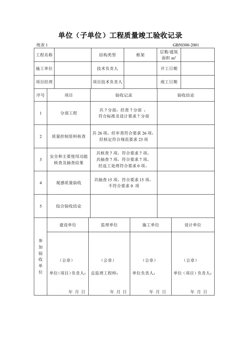 单位工程施工质量验收记录