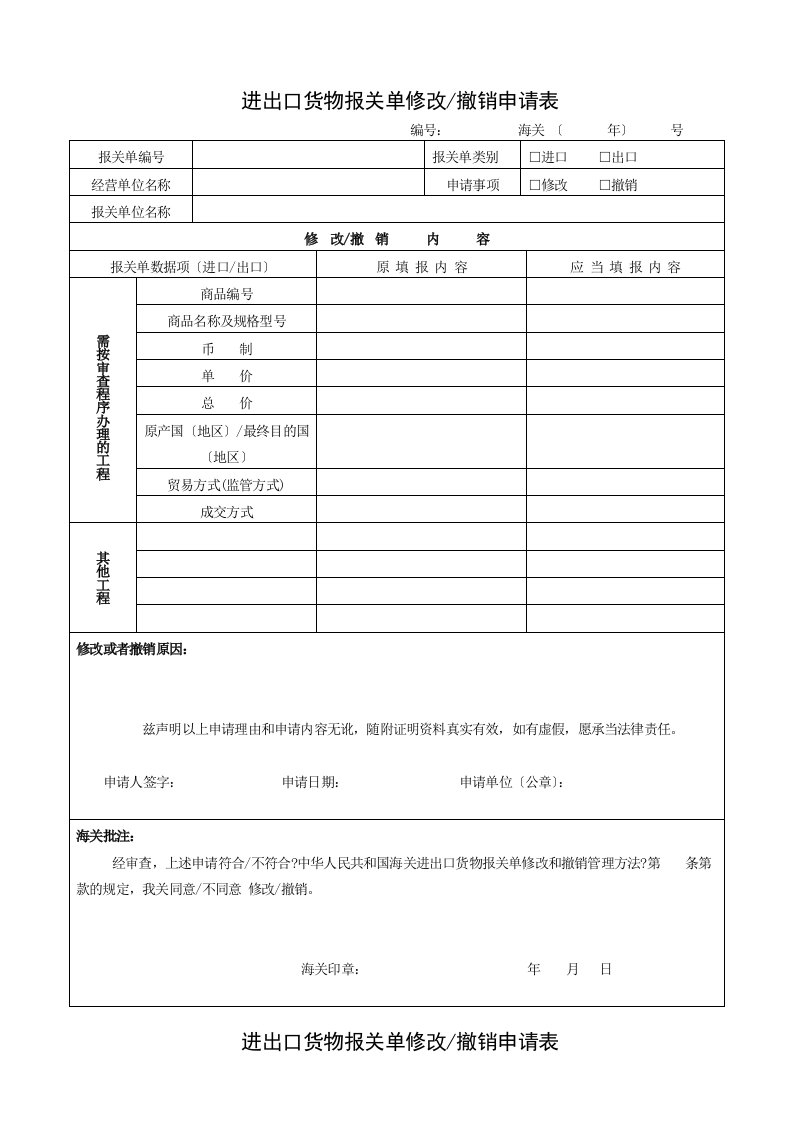 进出口货物报关单修改撤销申请表