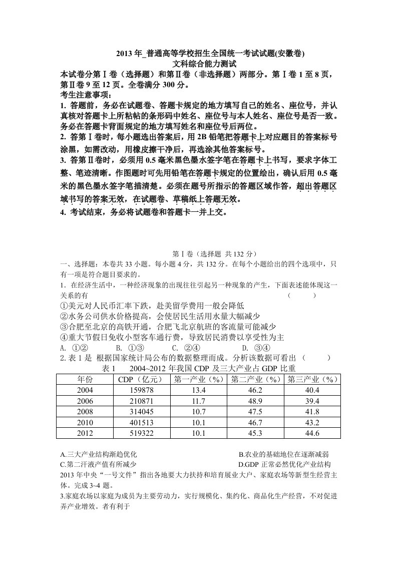 2013年安徽省高考理科综合能力考试试题