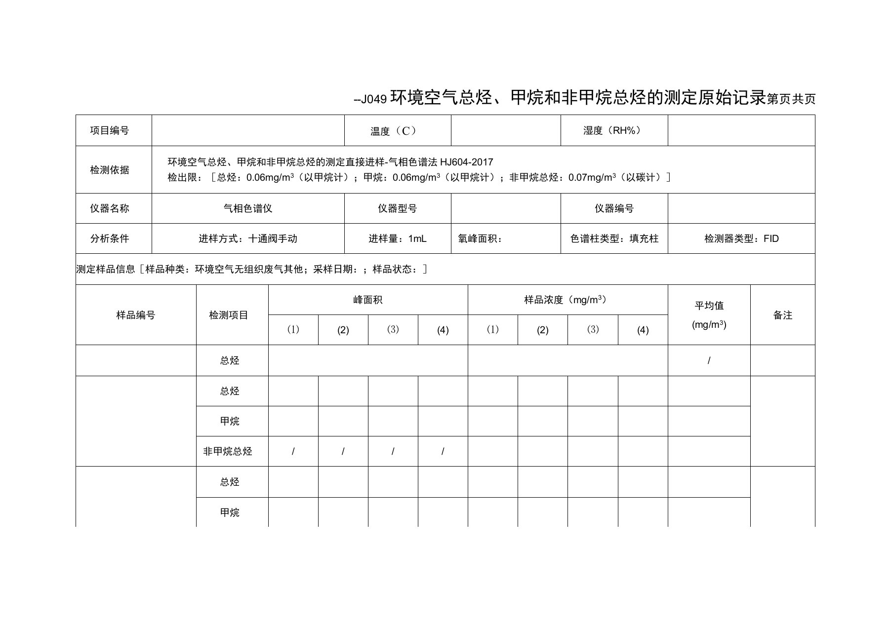 环境空气总烃、甲烷和非甲烷总烃的测定原始记录