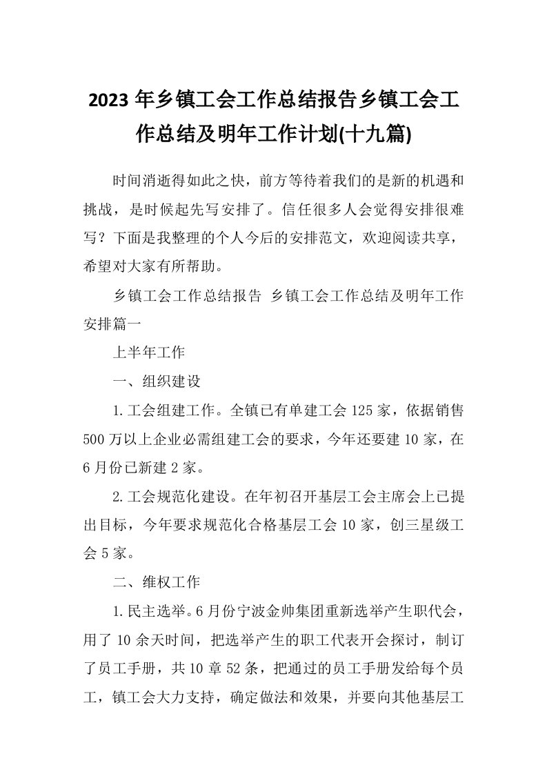 2023年乡镇工会工作总结报告乡镇工会工作总结及明年工作计划(十九篇)