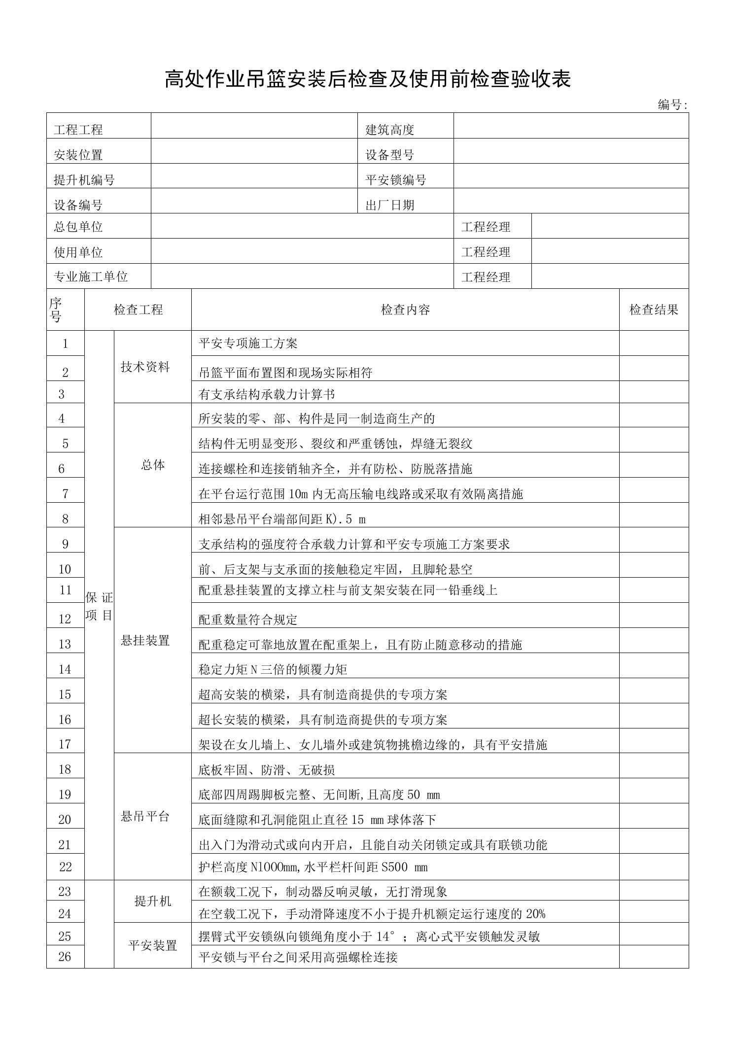 高处作业吊篮安装后检查及使用前检查验收表