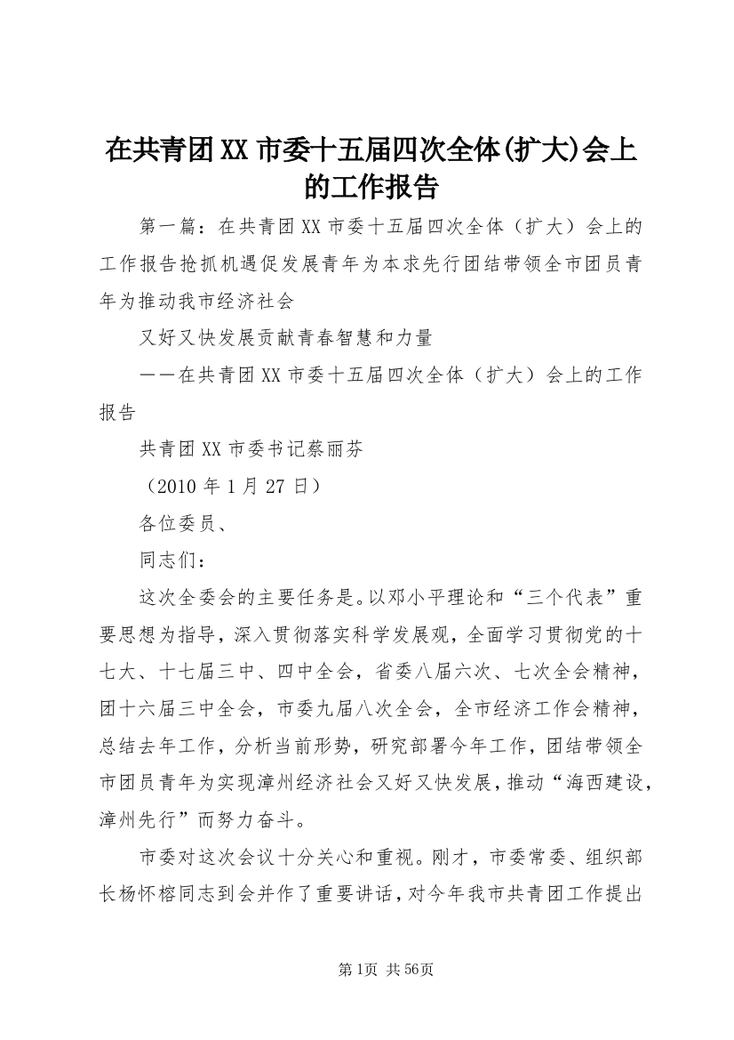 在共青团XX市委十五届四次全体(扩大)会上的工作报告