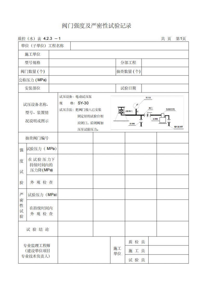 阀门强度和严密性试验记录表格