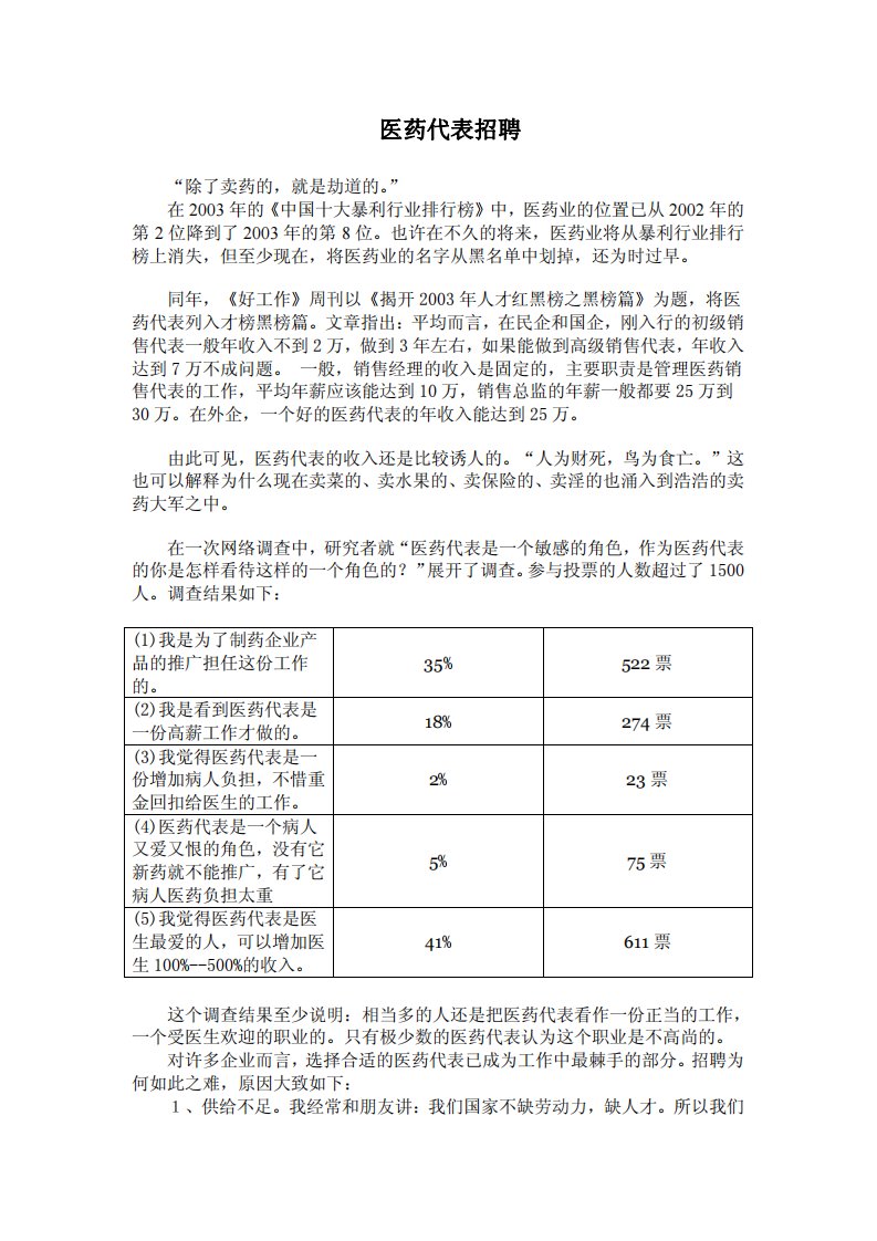 医药代表招聘