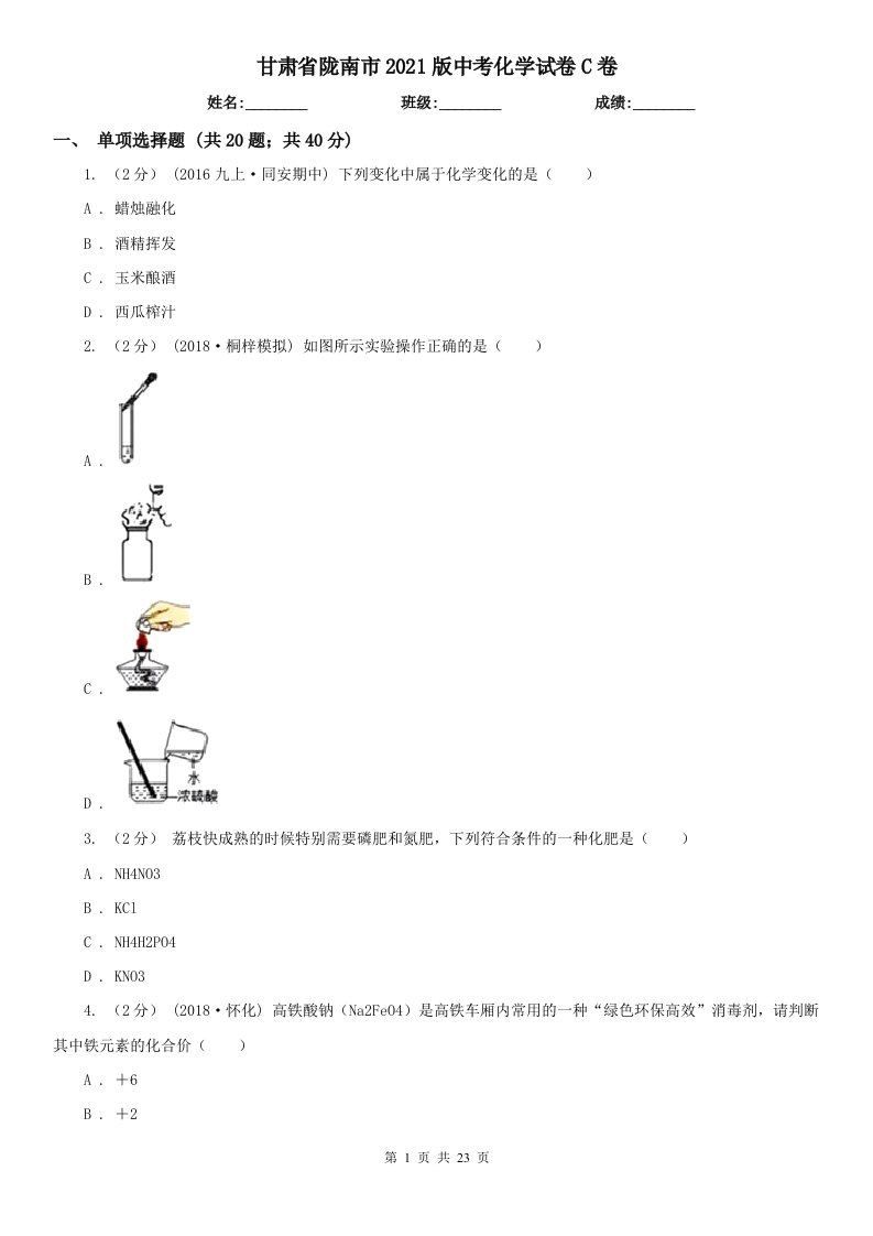 甘肃省陇南市2021版中考化学试卷C卷