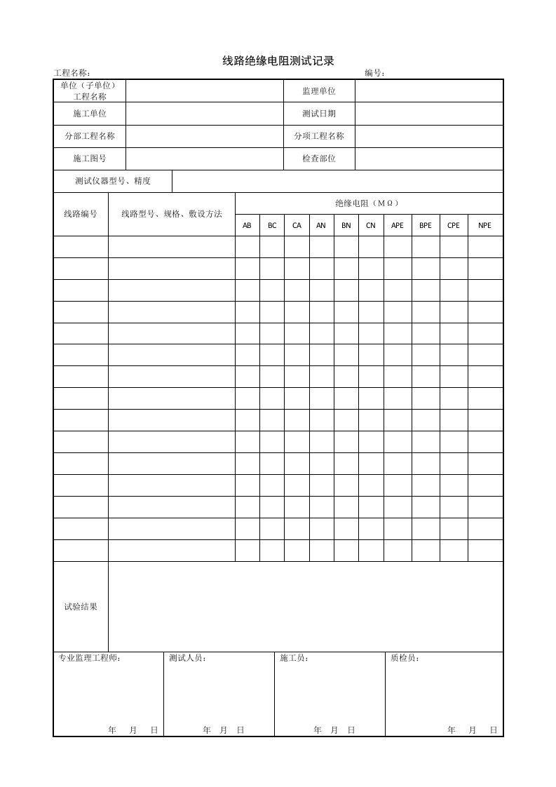 建筑工程-1113线路绝缘电阻测试记录