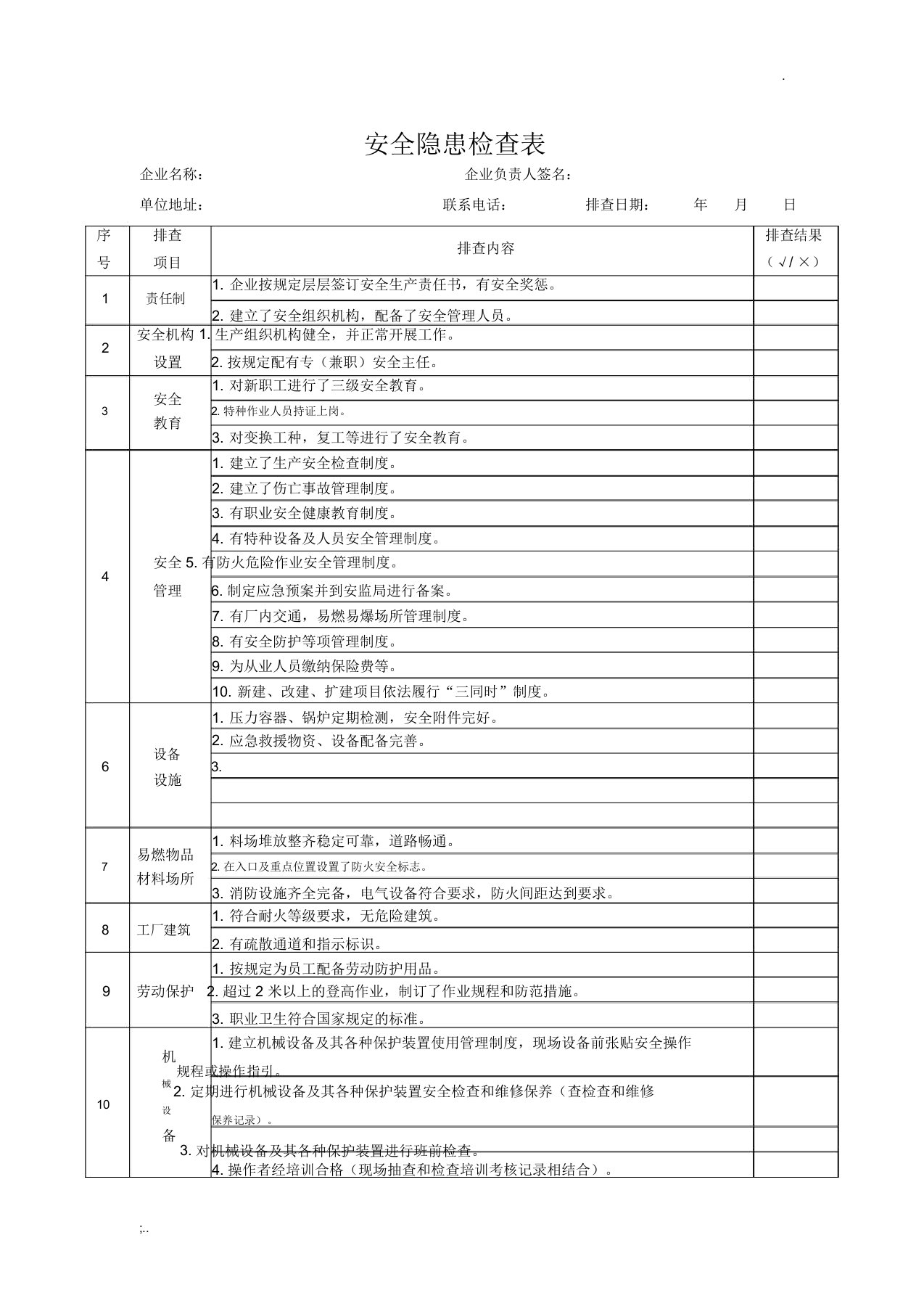 安全隐患检查表(木工厂)