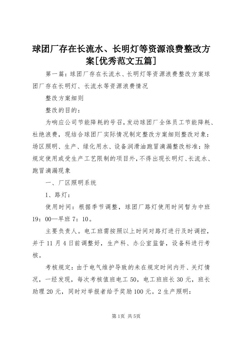 5球团厂存在长流水、长明灯等资源浪费整改方案[优秀范文五篇]