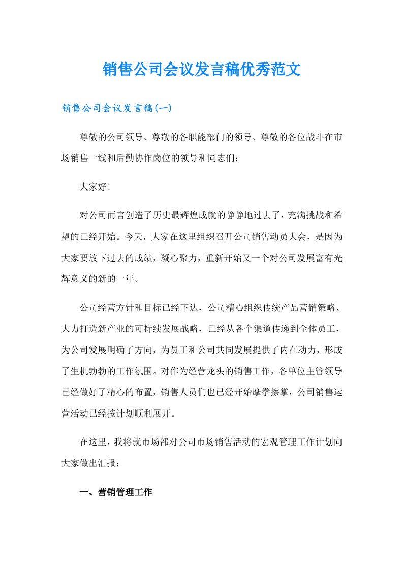 销售公司会议发言稿优秀范文