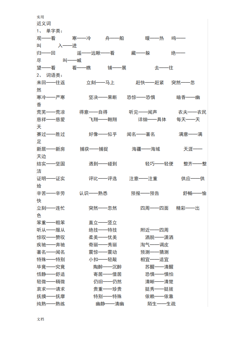 小学全部必背近反义词