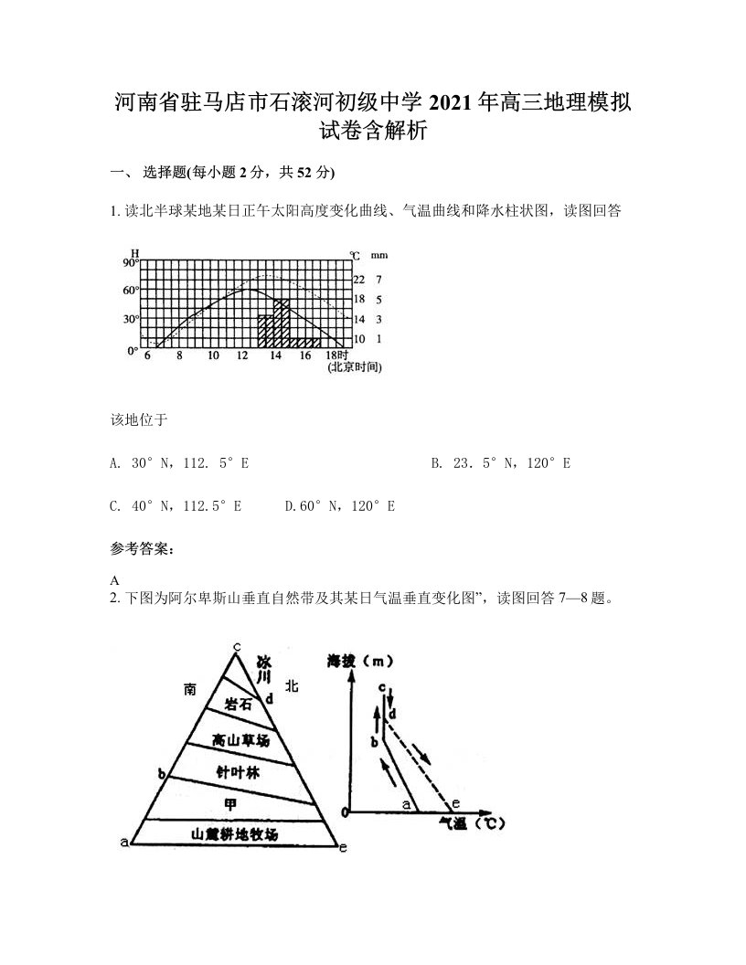 河南省驻马店市石滚河初级中学2021年高三地理模拟试卷含解析