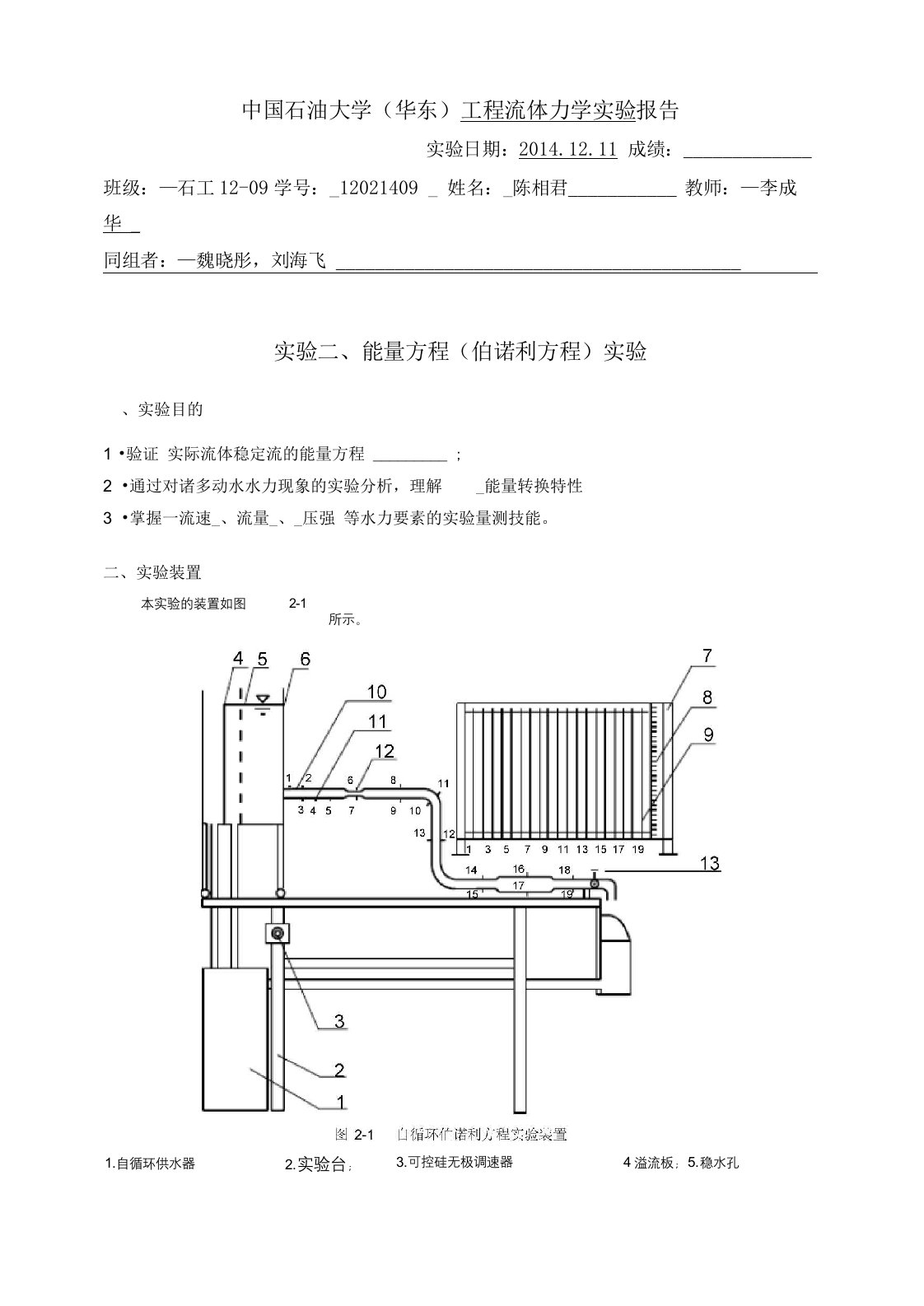 流体力学-伯努利方程实验报告