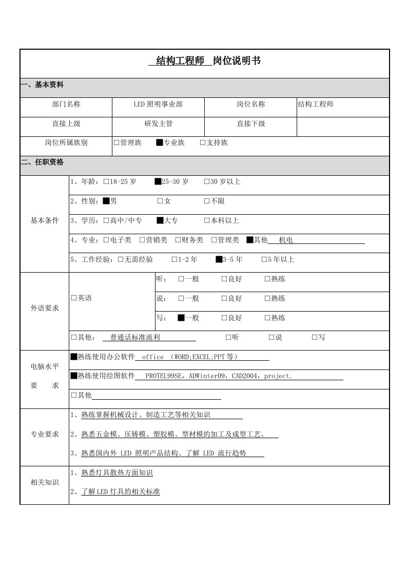 结构工程师岗位职责说明书